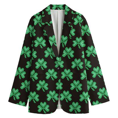Pixel Clover St. Patrick's Day Print Women's Cotton Blazer