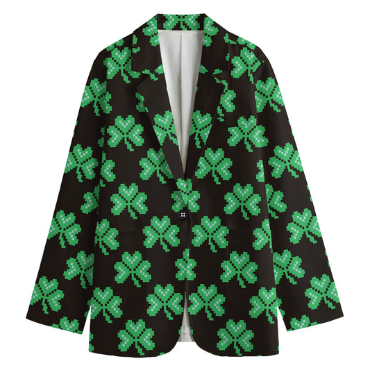 Pixel Clover St. Patrick's Day Print Women's Cotton Blazer