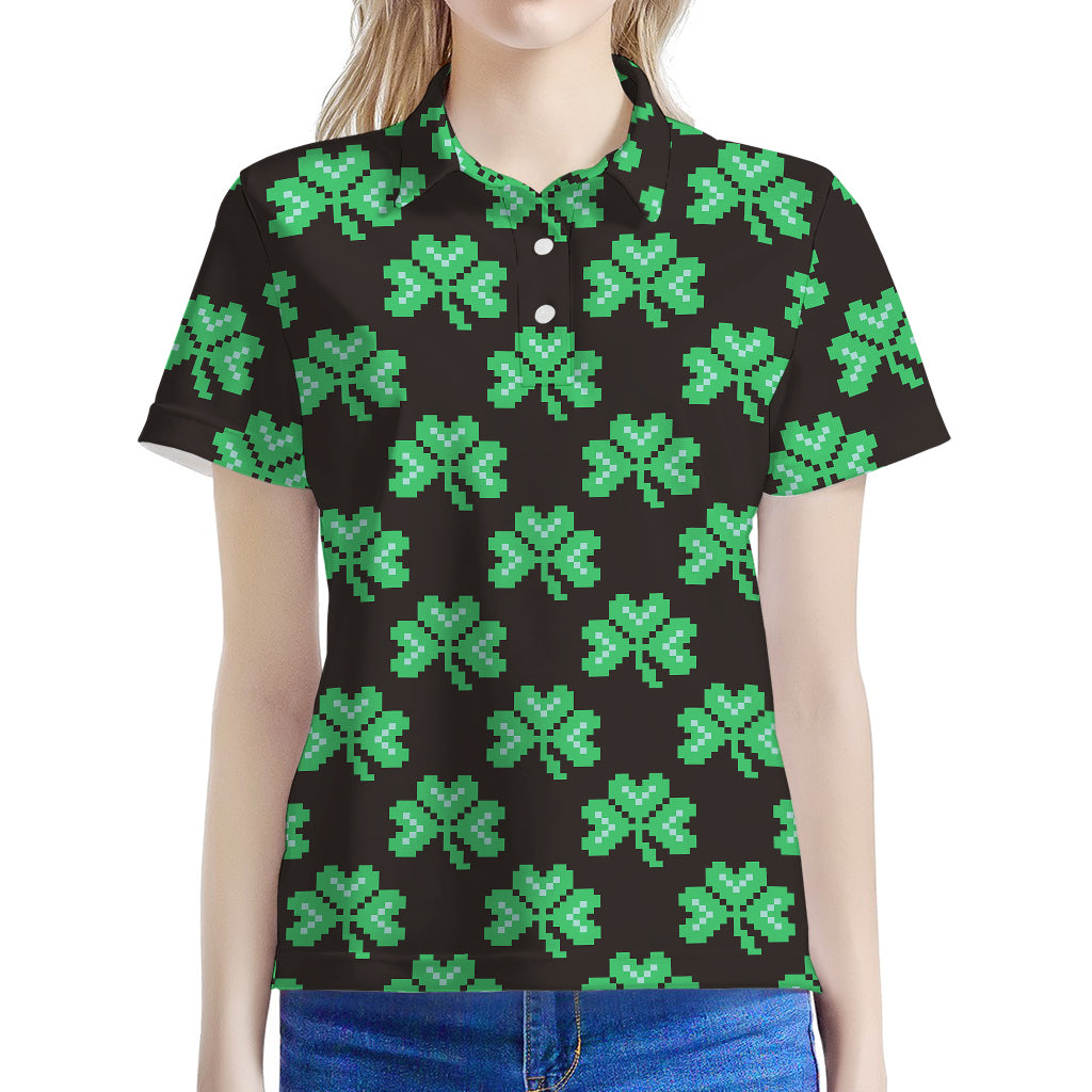 Pixel Clover St. Patrick's Day Print Women's Polo Shirt