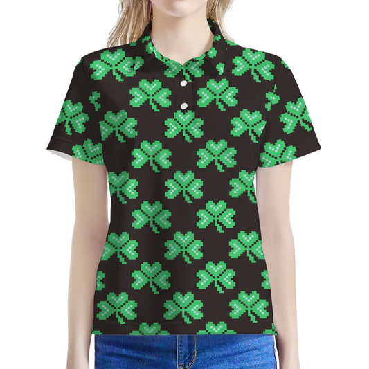 Pixel Clover St. Patrick's Day Print Women's Polo Shirt