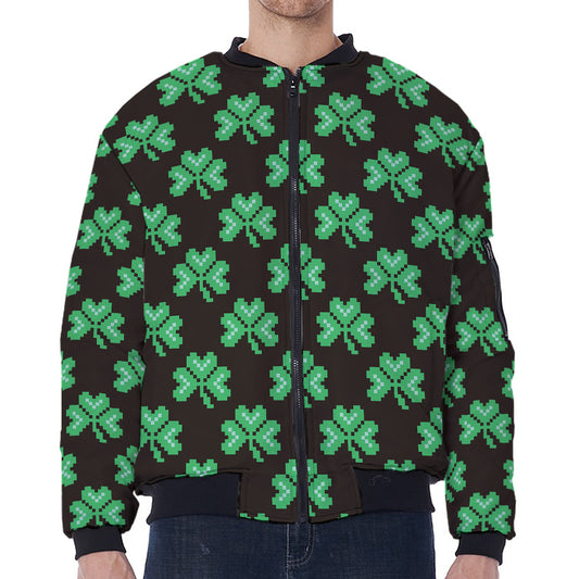 Pixel Clover St. Patrick's Day Print Zip Sleeve Bomber Jacket