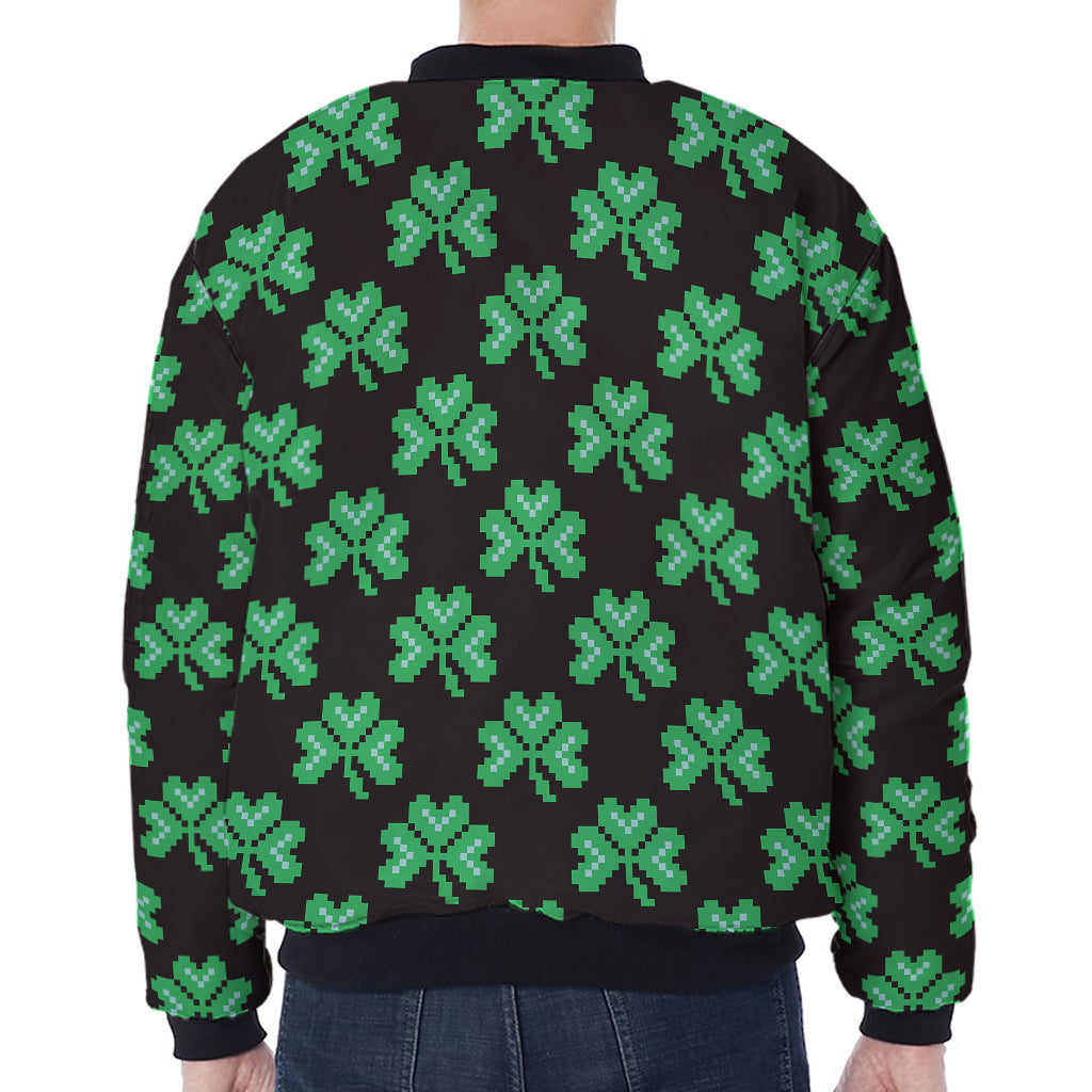 Pixel Clover St. Patrick's Day Print Zip Sleeve Bomber Jacket