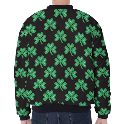 Pixel Clover St. Patrick's Day Print Zip Sleeve Bomber Jacket