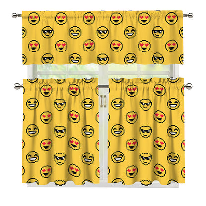 Pixel Emoji Pattern Print 3 Piece Kitchen Curtains