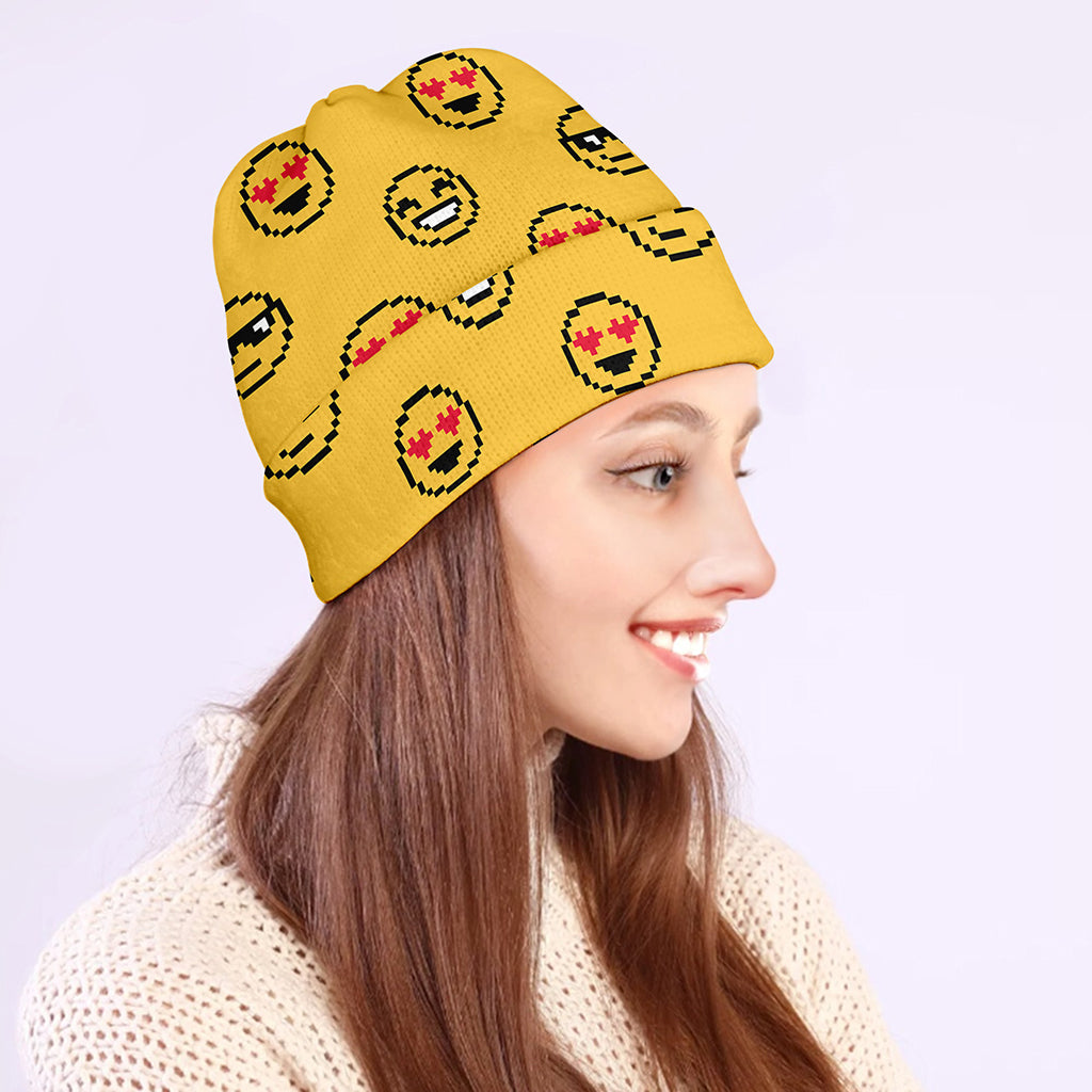 Pixel Emoji Pattern Print Beanie
