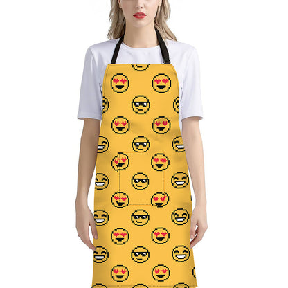 Pixel Emoji Pattern Print Bib Apron With Pocket