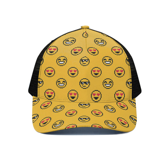 Pixel Emoji Pattern Print Black Mesh Trucker Cap