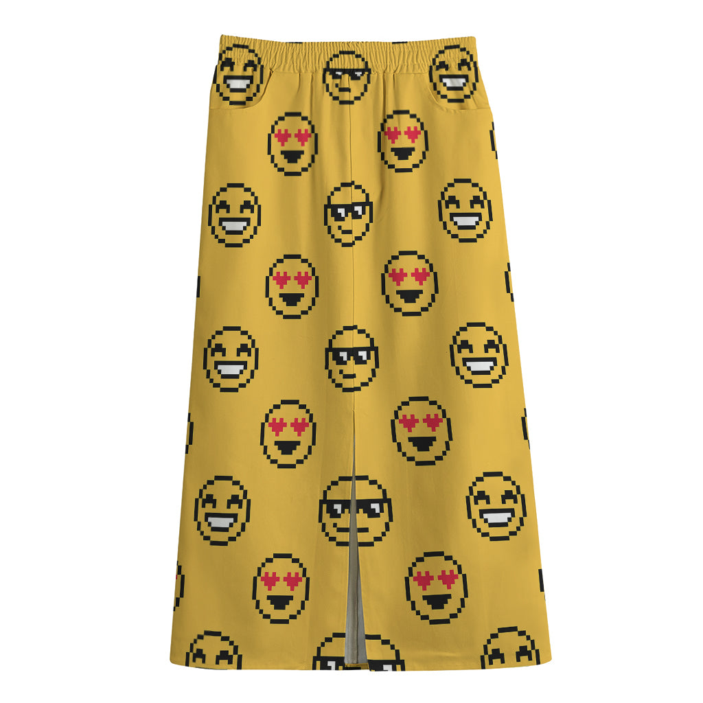 Pixel Emoji Pattern Print Cotton Front Slit Maxi Skirt