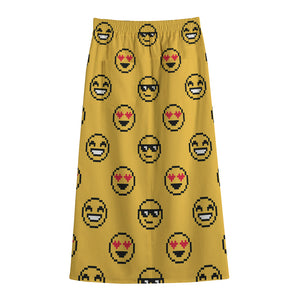 Pixel Emoji Pattern Print Cotton Front Slit Maxi Skirt