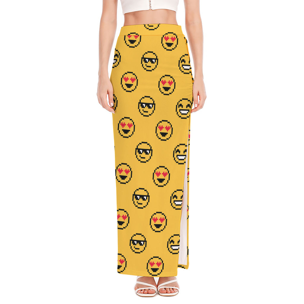 Pixel Emoji Pattern Print High Slit Maxi Skirt