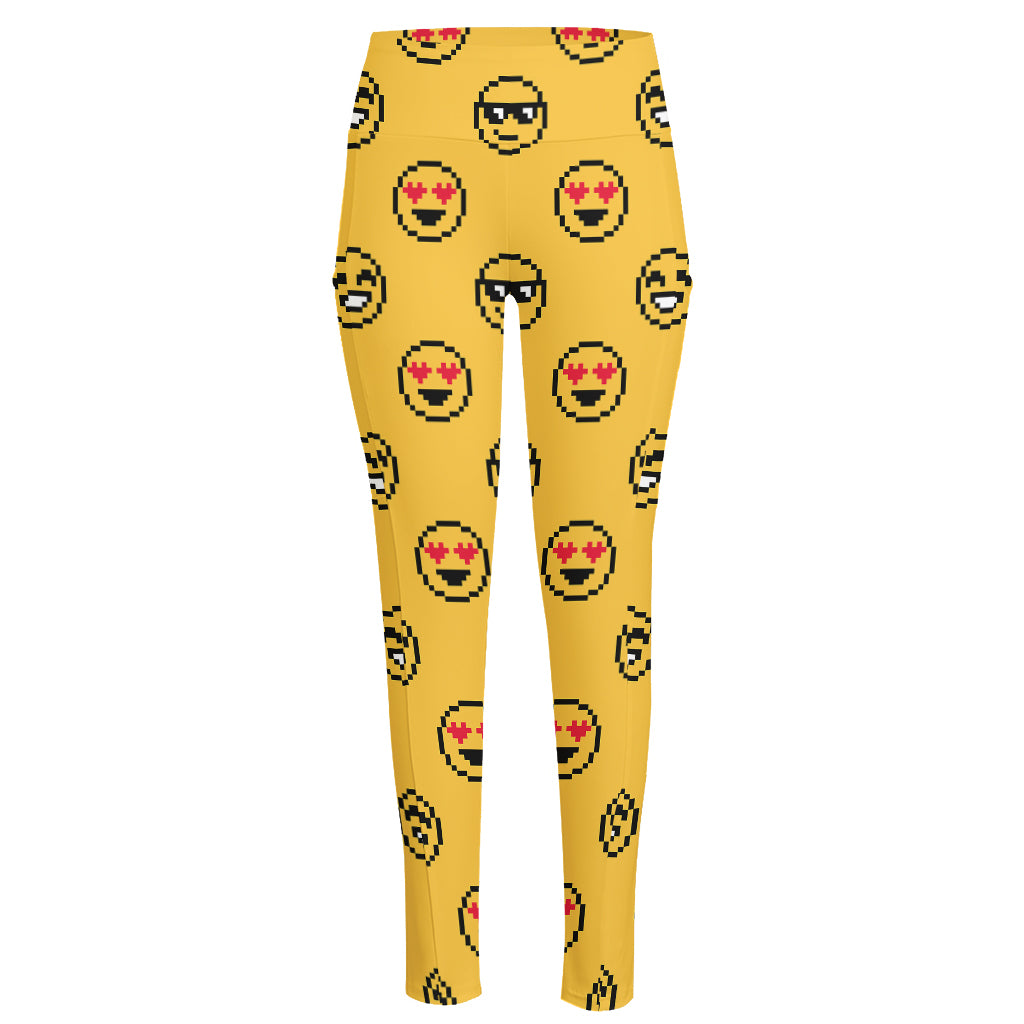 Pixel Emoji Pattern Print High-Waisted Pocket Leggings