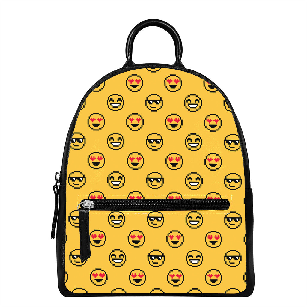 Pixel Emoji Pattern Print Leather Backpack