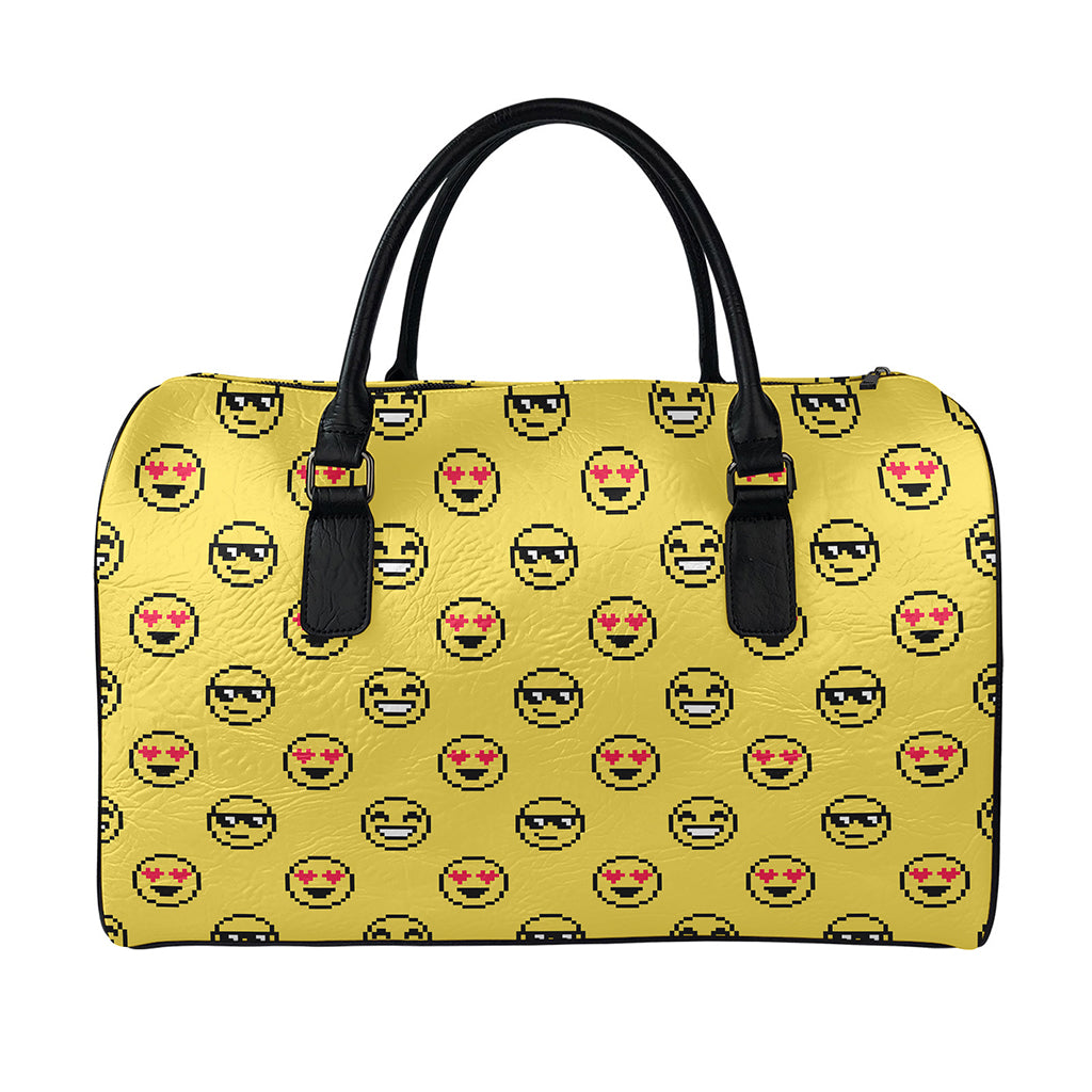 Pixel Emoji Pattern Print Leather Duffle Bag