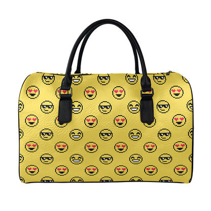 Pixel Emoji Pattern Print Leather Duffle Bag