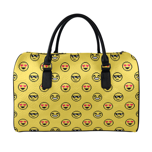 Pixel Emoji Pattern Print Leather Duffle Bag