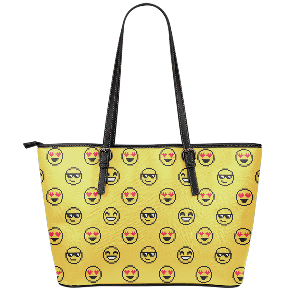 Pixel Emoji Pattern Print Leather Tote Bag
