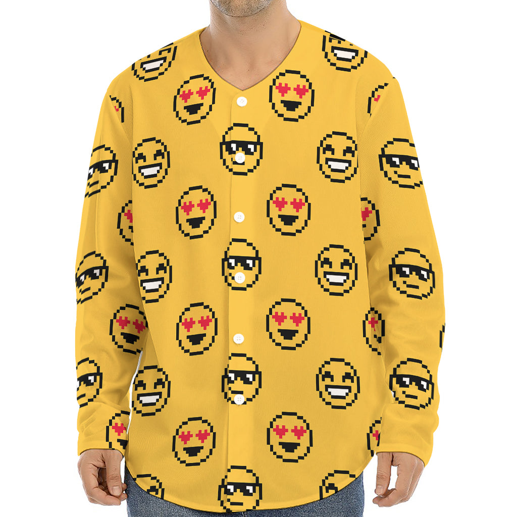 Pixel Emoji Pattern Print Long Sleeve Baseball Jersey