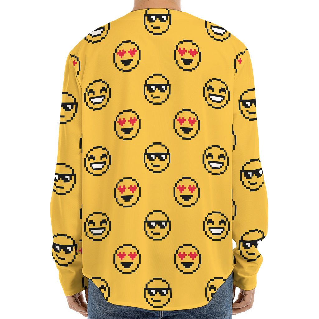 Pixel Emoji Pattern Print Long Sleeve Baseball Jersey