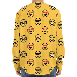 Pixel Emoji Pattern Print Long Sleeve Baseball Jersey