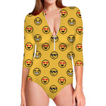 Pixel Emoji Pattern Print Long Sleeve Swimsuit