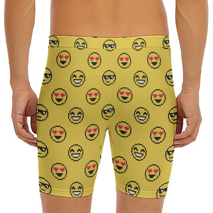 Pixel Emoji Pattern Print Men's Long Boxer Briefs