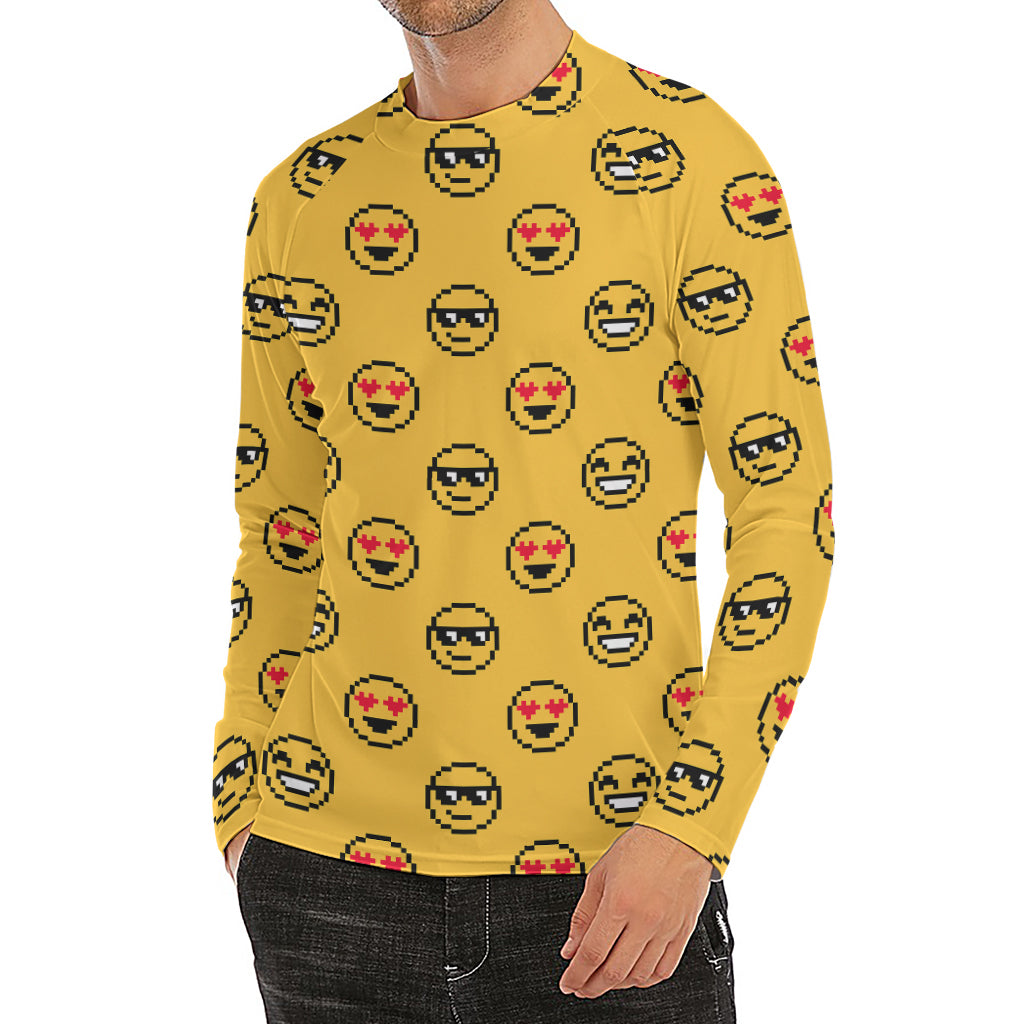 Pixel Emoji Pattern Print Men's Long Sleeve Rash Guard