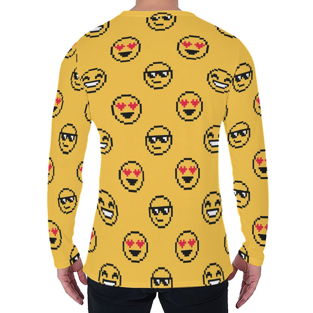 Pixel Emoji Pattern Print Men's Long Sleeve T-Shirt