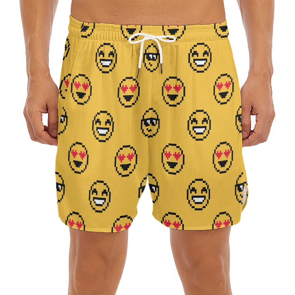 Pixel Emoji Pattern Print Men's Split Running Shorts