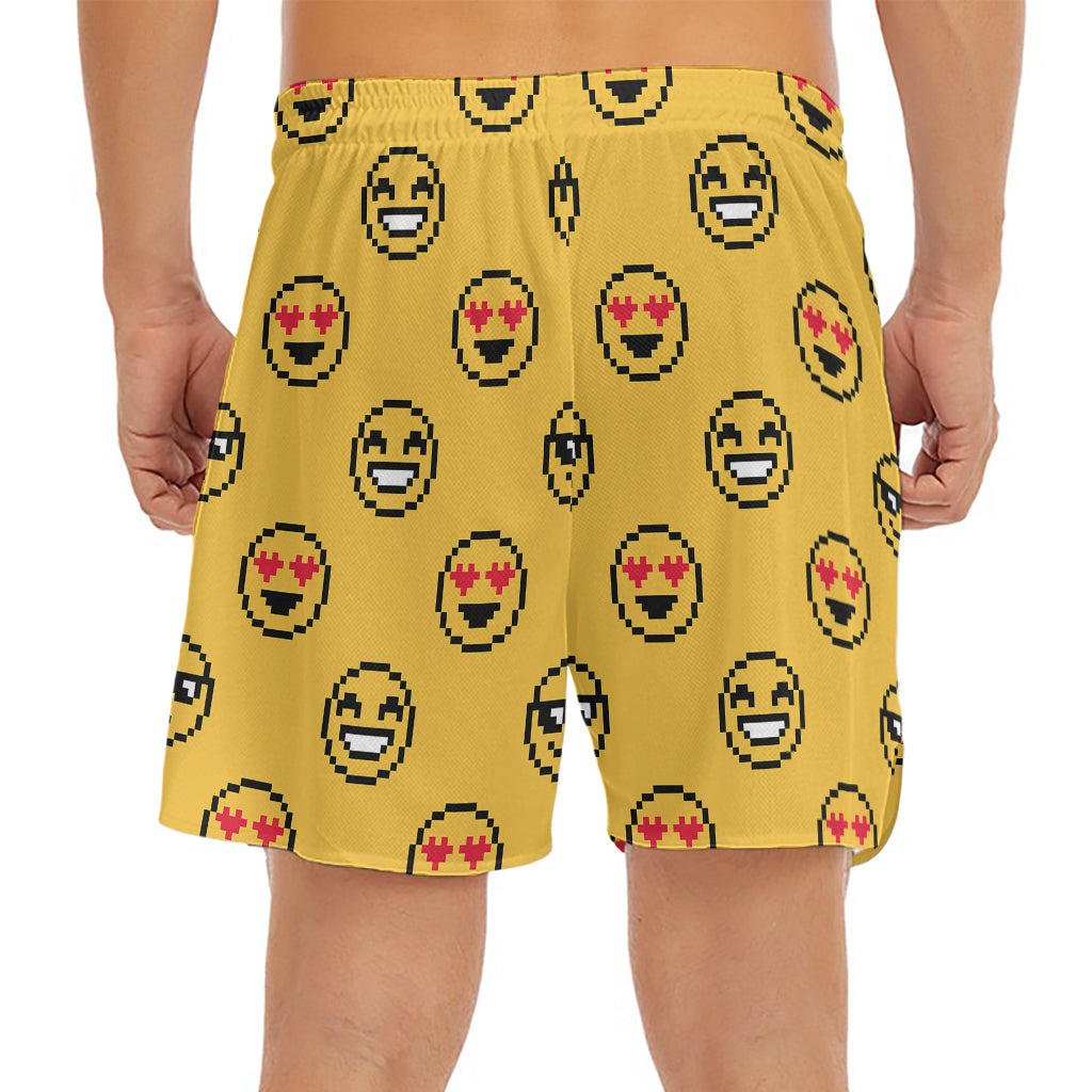 Pixel Emoji Pattern Print Men's Split Running Shorts