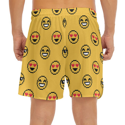 Pixel Emoji Pattern Print Men's Split Running Shorts