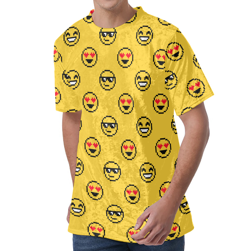 Pixel Emoji Pattern Print Men's Velvet T-Shirt