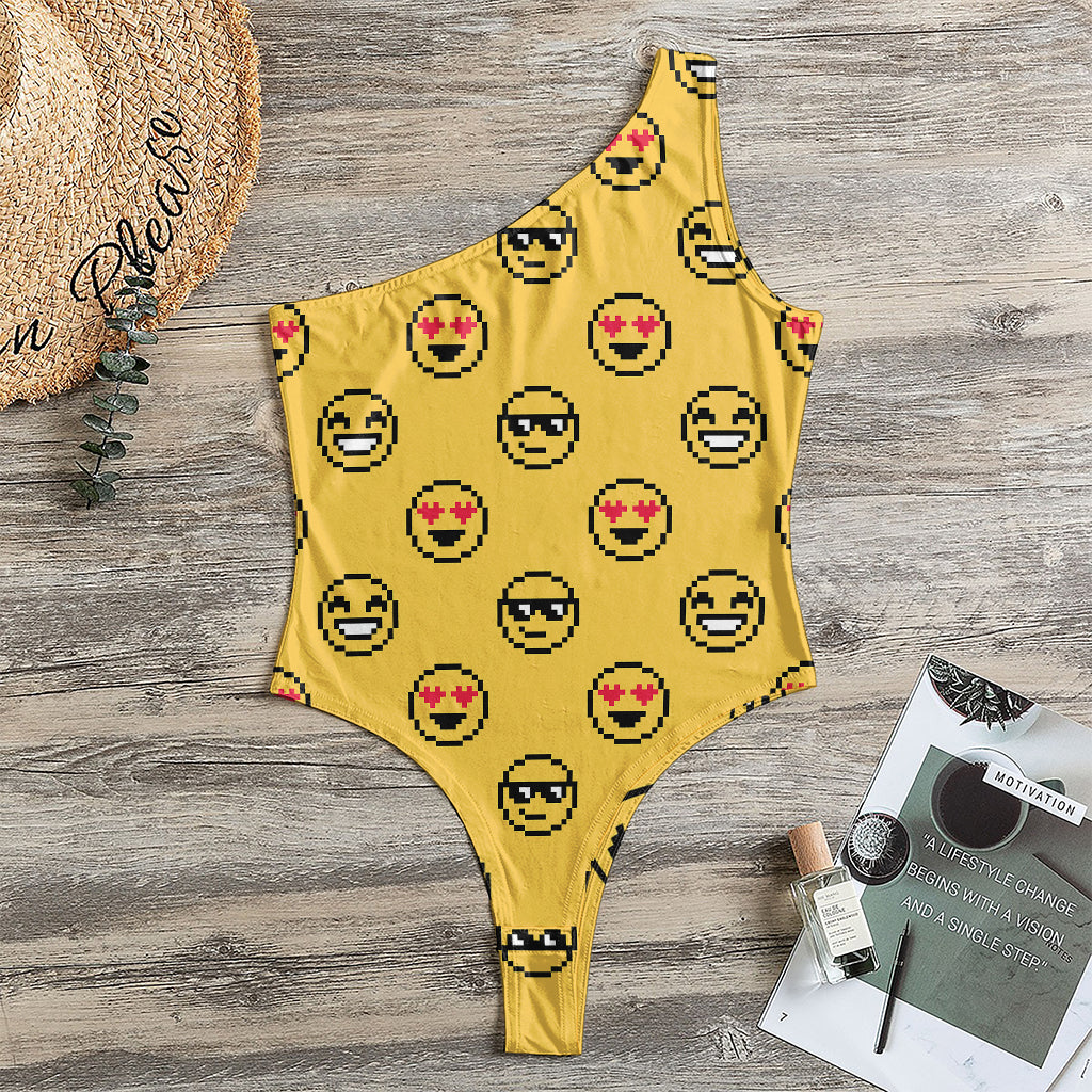 Pixel Emoji Pattern Print One Shoulder Bodysuit