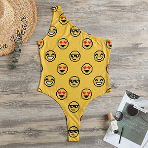 Pixel Emoji Pattern Print One Shoulder Bodysuit