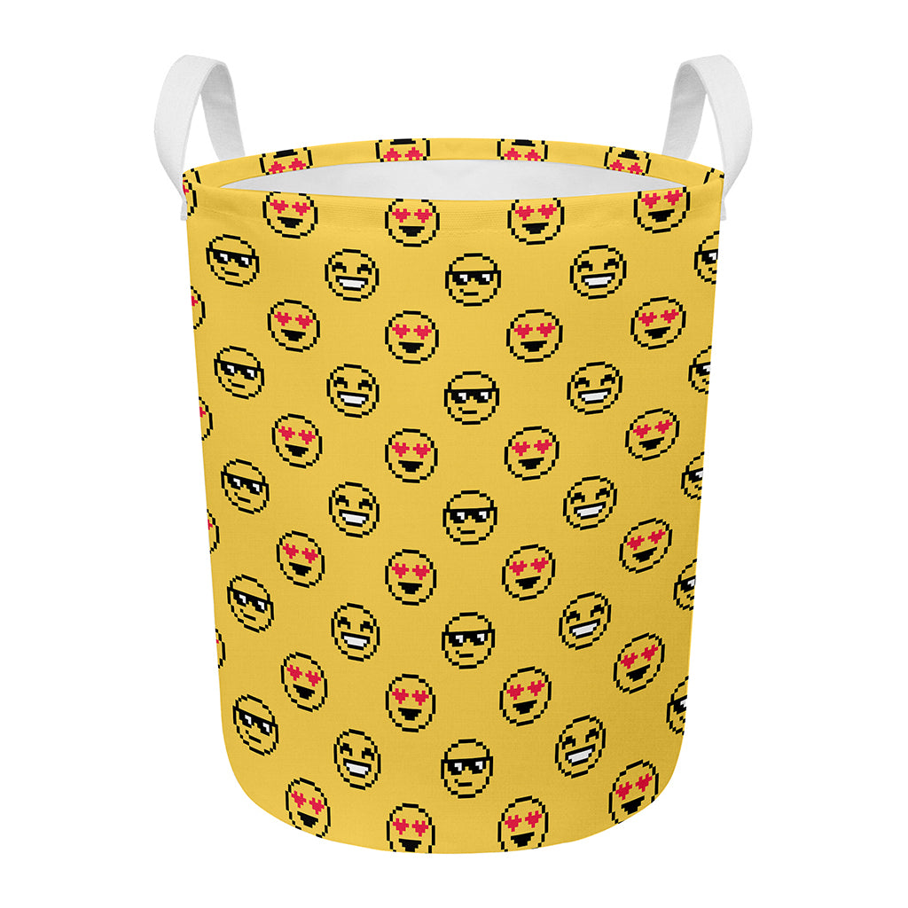 Pixel Emoji Pattern Print Round Laundry Basket
