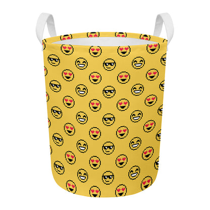 Pixel Emoji Pattern Print Round Laundry Basket