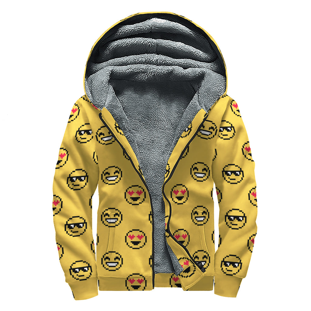 Pixel Emoji Pattern Print Sherpa Lined Zip Up Hoodie