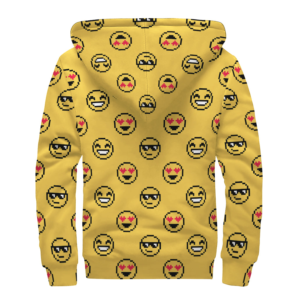 Pixel Emoji Pattern Print Sherpa Lined Zip Up Hoodie