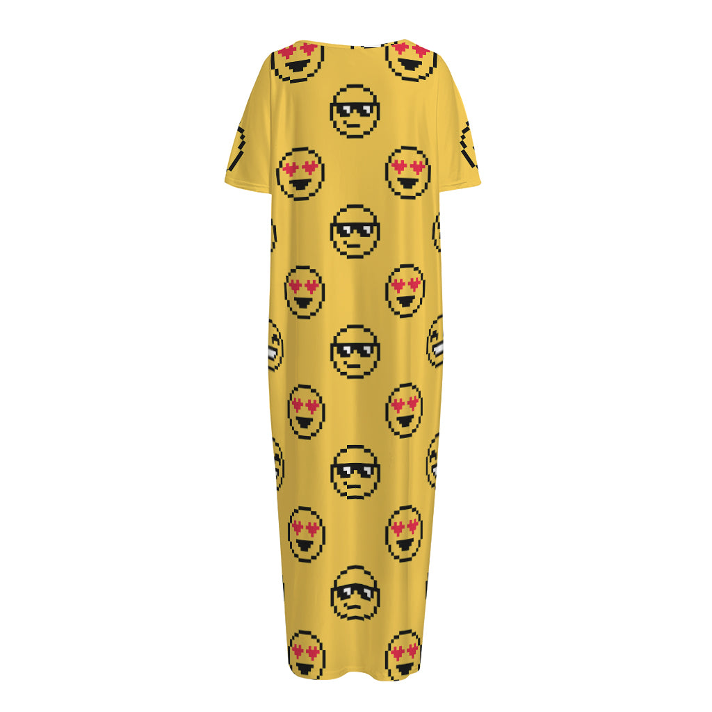 Pixel Emoji Pattern Print Short Sleeve Long Nightdress