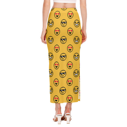 Pixel Emoji Pattern Print Side Slit Maxi Skirt