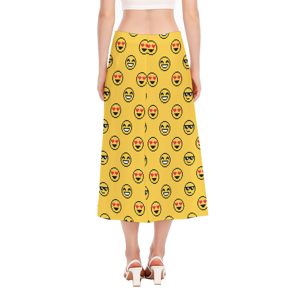 Pixel Emoji Pattern Print Side Slit Midi Skirt