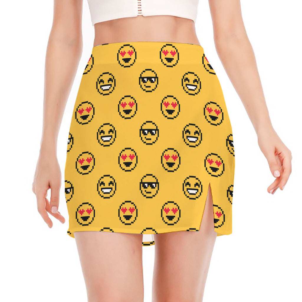 Pixel Emoji Pattern Print Side Slit Mini Skirt
