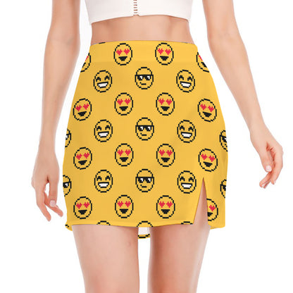 Pixel Emoji Pattern Print Side Slit Mini Skirt