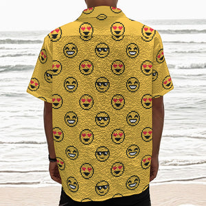 Pixel Emoji Pattern Print Textured Short Sleeve Shirt