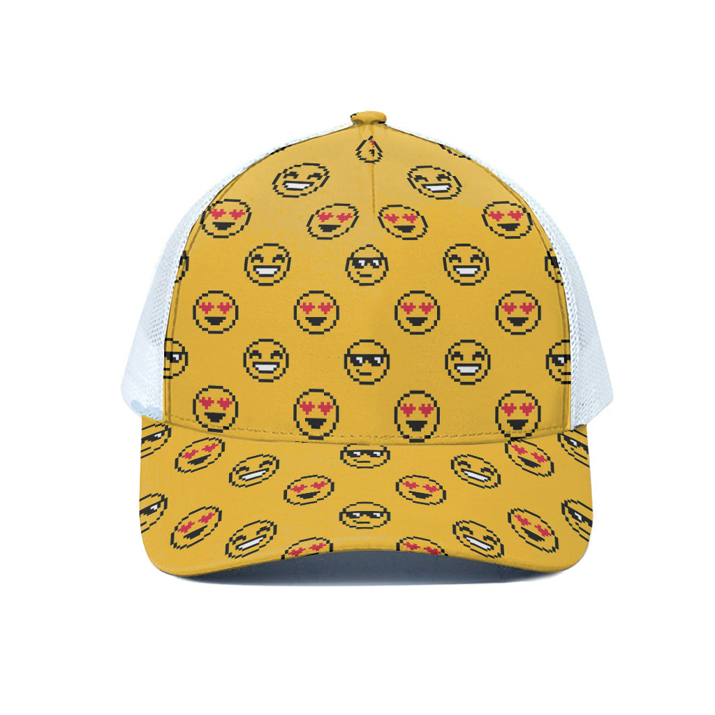 Pixel Emoji Pattern Print White Mesh Trucker Cap