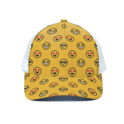 Pixel Emoji Pattern Print White Mesh Trucker Cap