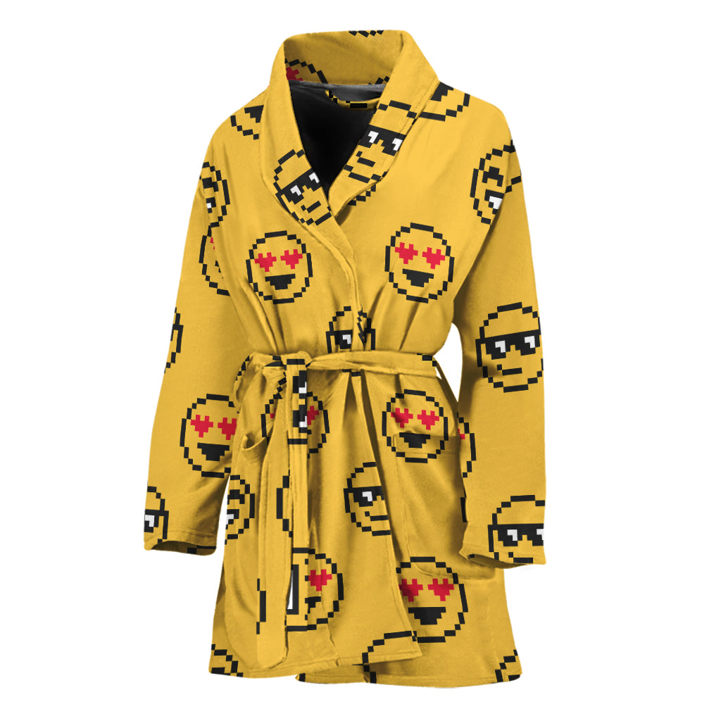 Pixel Emoji Pattern Print Women's Bathrobe