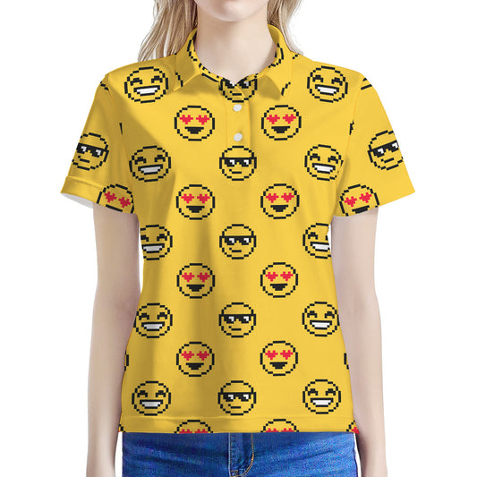 Pixel Emoji Pattern Print Women's Polo Shirt