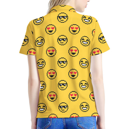 Pixel Emoji Pattern Print Women's Polo Shirt