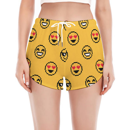 Pixel Emoji Pattern Print Women's Split Running Shorts