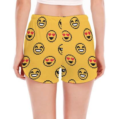 Pixel Emoji Pattern Print Women's Split Running Shorts